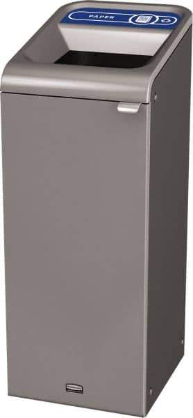 Rubbermaid - 15 Gal Gray Rectangle Decorative Indoor Single Stream Waste Receptacle - Metal, Paper Graphic, 37.965" High x 14.784" Long x 19-1/2" Wide, Lid Included - Best Tool & Supply