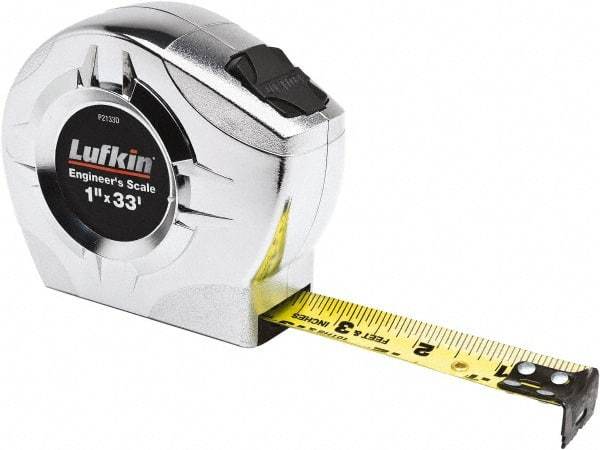 Lufkin - 33' x 1" Yellow Blade Tape Measure - 1/16" & 1/10 & 1/100' Graduation, A4 Graduation Style - Best Tool & Supply