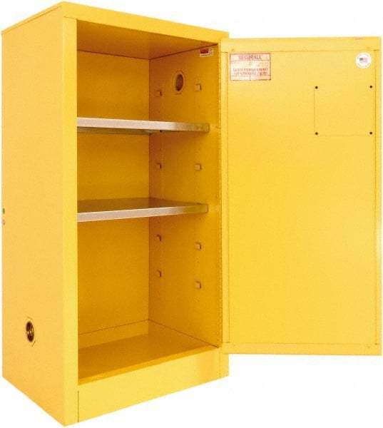 Securall Cabinets - 1 Door, 2 Shelf, Yellow Steel Standard Safety Cabinet for Flammable and Combustible Liquids - 44" High x 24" Wide x 18" Deep, Manual Closing Door, 3 Point Key Lock, 20 Gal Capacity - Best Tool & Supply