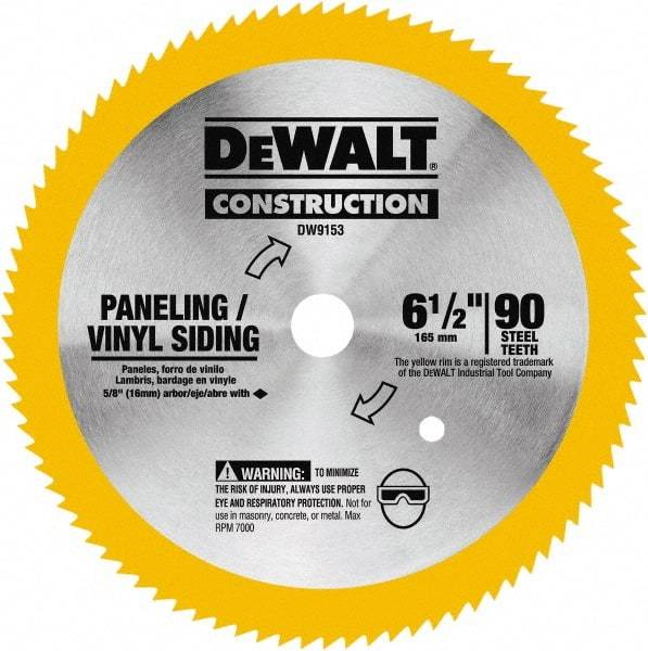 DeWALT - 6-1/2" Diam, 5/8" Arbor Hole Diam, 90 Tooth Wet & Dry Cut Saw Blade - Tungsten Carbide-Tipped, Fast Cutting Action, Diamond Arbor - Best Tool & Supply