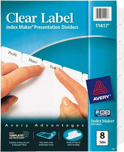 AVERY - 11 x 8-1/2" 8 Tabs, Three Hole Clear Plastic Reinforced Binder Holes, Tab Divider - Clear Tabs, White Folder - Best Tool & Supply