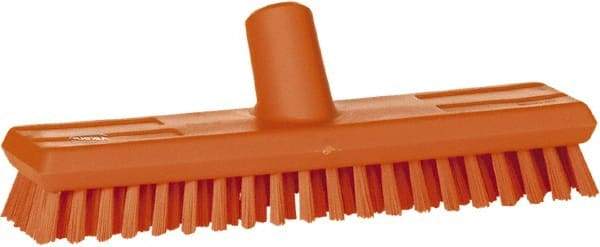 Vikan - 1" Bristle Length, Polyester Scrub Brush - 10-5/8" Long x 2-1/2" Wide Head, 11" OAL, European Threaded Handle, Orange, Polypropylene Block - Best Tool & Supply