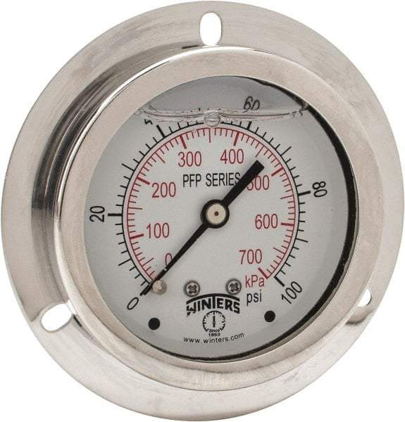 Winters - 2-1/2" Dial, 1/4 Thread, 0-100 Scale Range, Pressure Gauge - Front Flange Panel Mount, Center Back Connection Mount, Accurate to 1.6% of Scale - Best Tool & Supply