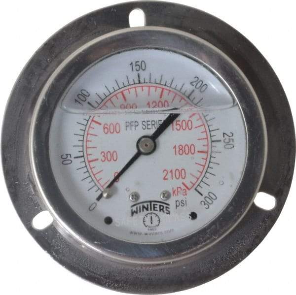 Winters - 2-1/2" Dial, 1/4 Thread, 0-300 Scale Range, Pressure Gauge - Front Flange Panel Mount, Center Back Connection Mount, Accurate to 1.6% of Scale - Best Tool & Supply