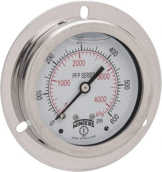 Winters - 2-1/2" Dial, 1/4 Thread, 0-600 Scale Range, Pressure Gauge - Front Flange Panel Mount, Center Back Connection Mount, Accurate to 1.6% of Scale - Best Tool & Supply