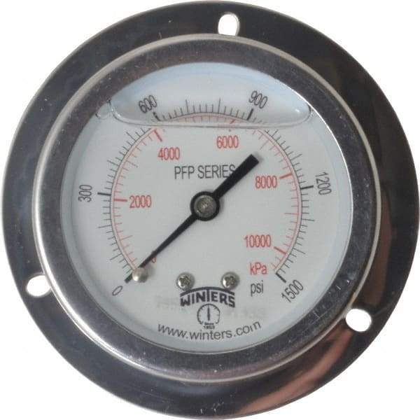 Winters - 2-1/2" Dial, 1/4 Thread, 0-1,500 Scale Range, Pressure Gauge - Front Flange Panel Mount, Center Back Connection Mount, Accurate to 1.6% of Scale - Best Tool & Supply