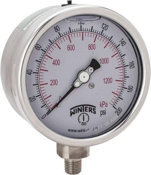 Winters - 4" Dial, 1/4 Thread, 0-200 Scale Range, Pressure Gauge - Lower Connection Mount, Accurate to 1% of Scale - Best Tool & Supply