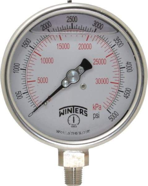 Winters - 4" Dial, 1/4 Thread, 0-5,000 Scale Range, Pressure Gauge - Lower Connection Mount, Accurate to 1% of Scale - Best Tool & Supply