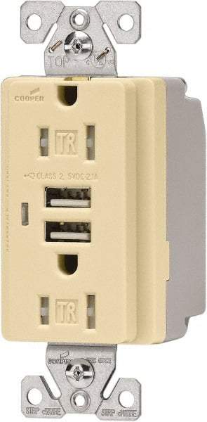 Cooper Wiring Devices - 2 USB Port, 2 Receptacle, 125 VAC, 5 VDC USB Receptacle - 5-15R NEMA Configuration, 15 Amp, Ivory, 2.1 Amp Charging Power, Automatic Grounding, Screw Mount - Best Tool & Supply