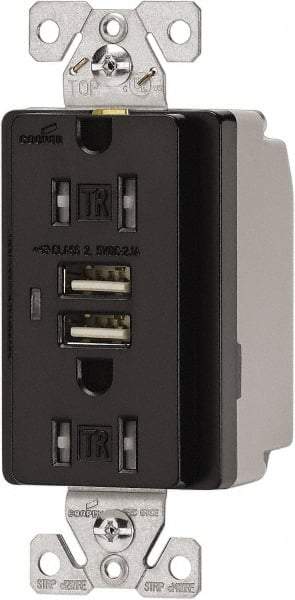 Cooper Wiring Devices - 2 USB Port, 2 Receptacle, 125 VAC, 5 VDC USB Receptacle - 5-15R NEMA Configuration, 15 Amp, Black, 2.1 Amp Charging Power, Automatic Grounding, Screw Mount - Best Tool & Supply