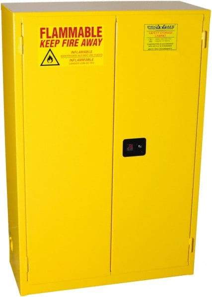 PRO-SAFE - 2 Door, 2 Shelf, Yellow Steel Standard Safety Cabinet for Flammable and Combustible Liquids - 65" High x 43" Wide x 18" Deep, Self Closing Door, 3 Point Key Lock, 45 Gal Capacity - Best Tool & Supply