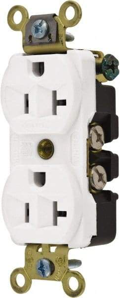 Hubbell Wiring Device-Kellems - 125 VAC, 20 Amp, 5-20R NEMA Configuration, White, Industrial Grade, Self Grounding Duplex Receptacle - 1 Phase, 2 Poles, 3 Wire, Flush Mount, Corrosion, Heat and Impact Resistant - Best Tool & Supply