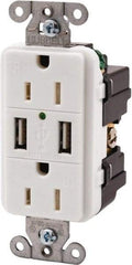 Hubbell Wiring Device-Kellems - 2 USB Port, 2 Receptacle, 125 VAC, 5 VDC USB Receptacle - 5-15R NEMA Configuration, 15 Amp, White, 3.8 Amp Charging Power, Screw Mount - Best Tool & Supply