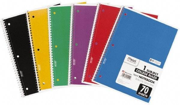 Mead - 70 Sheet, 8 x 10-1/2", College Ruled Spiral Bound Notebook - Assorted Colors - Best Tool & Supply