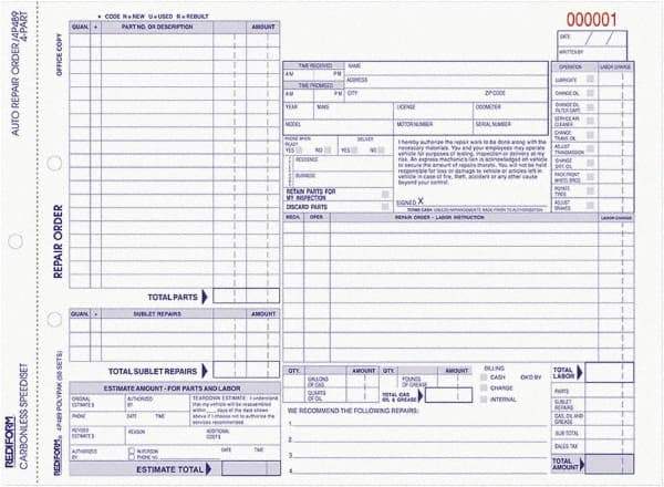 REDIFORM - 50 Sheet, 8-1/2 x 11", Auto Repair Form - White & Blue - Best Tool & Supply