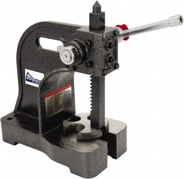 Gibraltar - 1-1/2" Ram, 5-1/4" Throat Depth, 3 Ton Manual Arbor Press - 12-1/2" Max Work Height x 16-1/2" Max Work Width, Single Leverage, 20:1 Leverage Ratio, 8-1/2" Base Width x 10" Base Depth - Best Tool & Supply