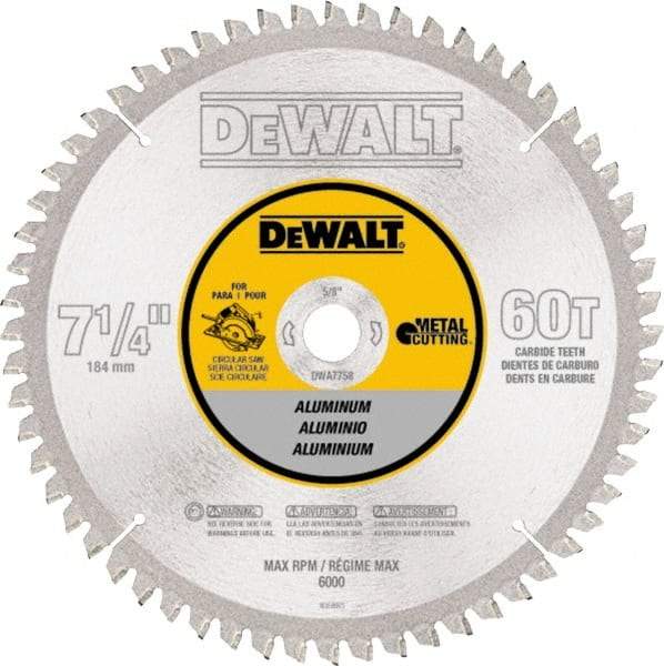 DeWALT - 7-1/4" Diam, 5/8" Arbor Hole Diam, 60 Tooth Wet & Dry Cut Saw Blade - High Speed Steel, Crosscut Action, Standard Round Arbor - Best Tool & Supply