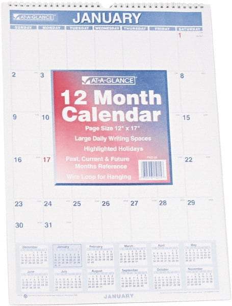 AT-A-GLANCE - 12 Sheet, 12 x 17", Planner Wall Calendar - Blue & Red - Best Tool & Supply