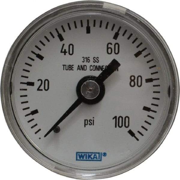 Wika - 1-1/2" Dial, 1/8 Thread, 0-100 Scale Range, Pressure Gauge - Center Back Connection Mount, Accurate to 2.5% of Scale - Best Tool & Supply