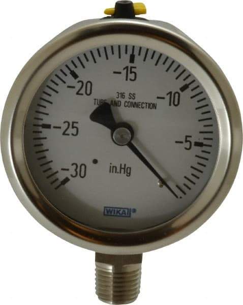 Wika - 2-1/2" Dial, 1/4 Thread, 30-0 Scale Range, Pressure Gauge - Lower Connection Mount, Accurate to 1.5% of Scale - Best Tool & Supply