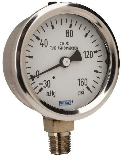 Wika - 2-1/2" Dial, 1/4 Thread, 30-0-160 Scale Range, Pressure Gauge - Lower Connection Mount, Accurate to 1.5% of Scale - Best Tool & Supply