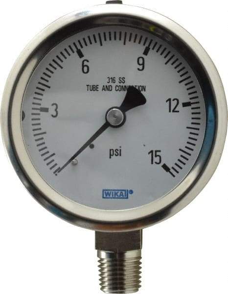 Wika - 2-1/2" Dial, 1/4 Thread, 0-15 Scale Range, Pressure Gauge - Lower Connection Mount, Accurate to 1.5% of Scale - Best Tool & Supply