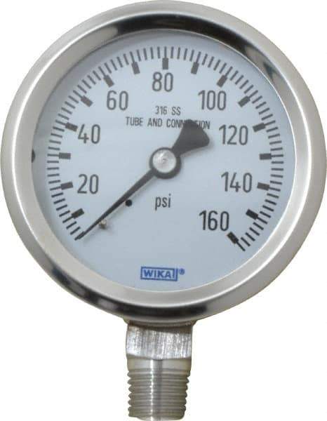 Wika - 2-1/2" Dial, 1/4 Thread, 0-160 Scale Range, Pressure Gauge - Lower Connection Mount, Accurate to 1.5% of Scale - Best Tool & Supply