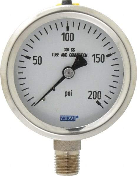 Wika - 2-1/2" Dial, 1/4 Thread, 0-200 Scale Range, Pressure Gauge - Lower Connection Mount, Accurate to 1.5% of Scale - Best Tool & Supply