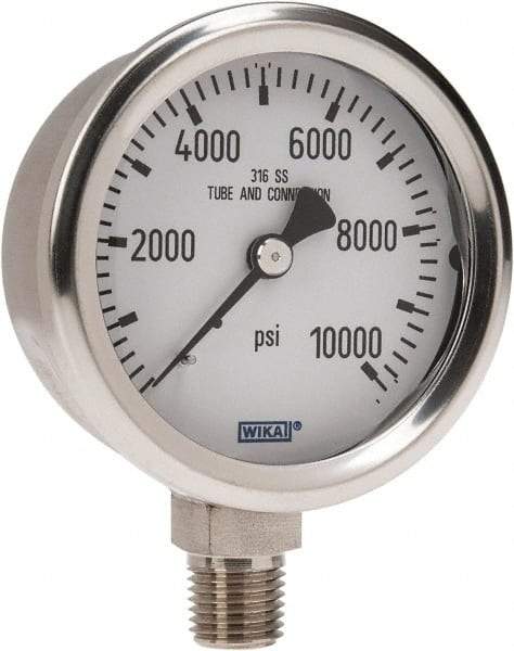 Wika - 2-1/2" Dial, 1/4 Thread, 0-10,000 Scale Range, Pressure Gauge - Lower Connection Mount, Accurate to 1.5% of Scale - Best Tool & Supply