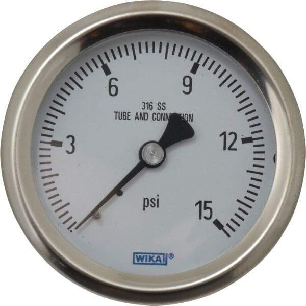 Wika - 2-1/2" Dial, 1/4 Thread, 0-15 Scale Range, Pressure Gauge - Center Back Connection Mount, Accurate to 1.5% of Scale - Best Tool & Supply