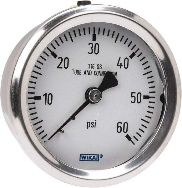 Wika - 2-1/2" Dial, 1/4 Thread, 0-60 Scale Range, Pressure Gauge - Center Back Connection Mount, Accurate to 1.5% of Scale - Best Tool & Supply