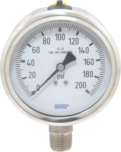 Wika - 4" Dial, 1/2 Thread, 0-200 Scale Range, Pressure Gauge - Lower Connection Mount, Accurate to 1% of Scale - Best Tool & Supply