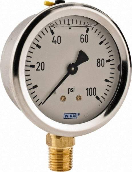 Wika - 2-1/2" Dial, 1/4 Thread, 0-100 Scale Range, Pressure Gauge - Lower Connection Mount, Accurate to 2-1-2% of Scale - Best Tool & Supply