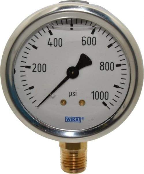 Wika - 2-1/2" Dial, 1/4 Thread, 0-1,000 Scale Range, Pressure Gauge - Lower Connection Mount, Accurate to 1.5% of Scale - Best Tool & Supply