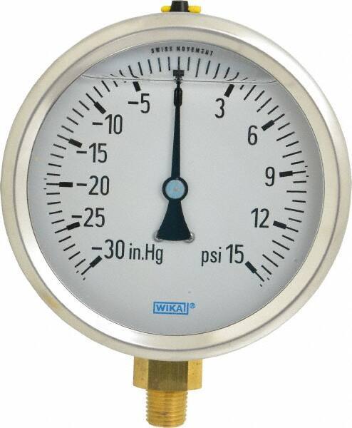 Wika - 4" Dial, 1/4 Thread, 30-0-15 Scale Range, Pressure Gauge - Lower Connection Mount, Accurate to 1% of Scale - Best Tool & Supply