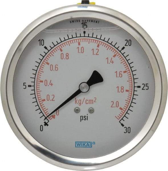 Wika - 4" Dial, 1/4 Thread, 0-30 Scale Range, Pressure Gauge - Lower Back Connection Mount, Accurate to 1% of Scale - Best Tool & Supply