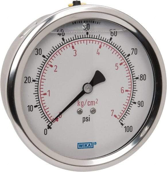 Wika - 4" Dial, 1/4 Thread, 0-100 Scale Range, Pressure Gauge - Lower Back Connection Mount, Accurate to 1% of Scale - Best Tool & Supply