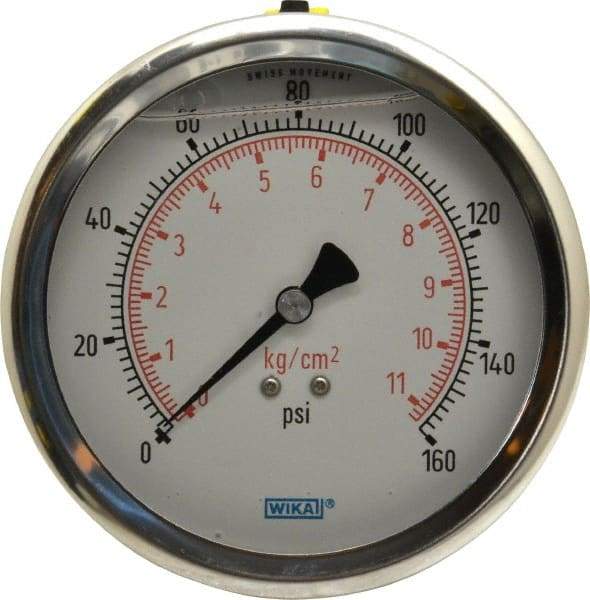 Wika - 4" Dial, 1/4 Thread, 0-160 Scale Range, Pressure Gauge - Lower Back Connection Mount, Accurate to 1% of Scale - Best Tool & Supply