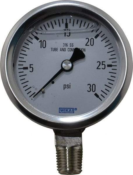 Wika - 2-1/2" Dial, 1/4 Thread, 0-30 Scale Range, Pressure Gauge - Lower Connection Mount, Accurate to 1.5% of Scale - Best Tool & Supply