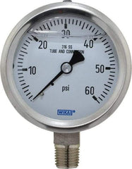 Wika - 2-1/2" Dial, 1/4 Thread, 0-60 Scale Range, Pressure Gauge - Lower Connection Mount, Accurate to 1.5% of Scale - Best Tool & Supply