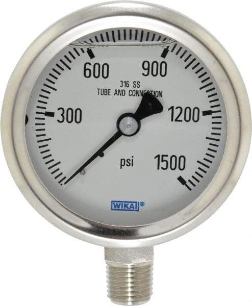 Wika - 2-1/2" Dial, 1/4 Thread, 0-1,500 Scale Range, Pressure Gauge - Lower Connection Mount, Accurate to 1.5% of Scale - Best Tool & Supply