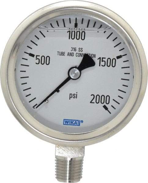 Wika - 2-1/2" Dial, 1/4 Thread, 0-2,000 Scale Range, Pressure Gauge - Lower Connection Mount, Accurate to 1.5% of Scale - Best Tool & Supply