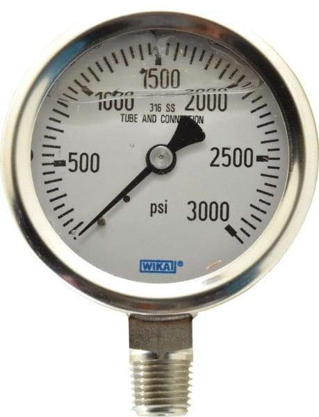 Wika - 2-1/2" Dial, 1/4 Thread, 0-3,000 Scale Range, Pressure Gauge - Lower Connection Mount, Accurate to 1.5% of Scale - Best Tool & Supply