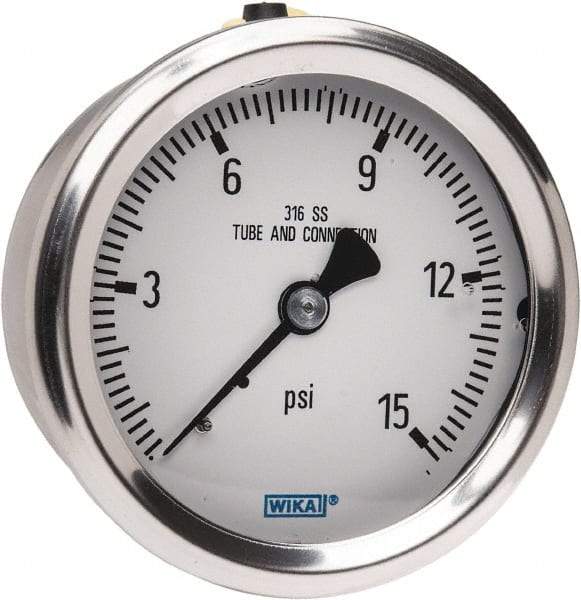 Wika - 2-1/2" Dial, 1/4 Thread, 0-15 Scale Range, Pressure Gauge - Center Back Connection Mount, Accurate to 1.5% of Scale - Best Tool & Supply