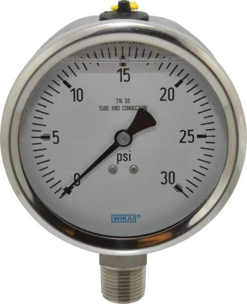 Wika - 4" Dial, 1/2 Thread, 0-30 Scale Range, Pressure Gauge - Lower Connection Mount, Accurate to 1% of Scale - Best Tool & Supply