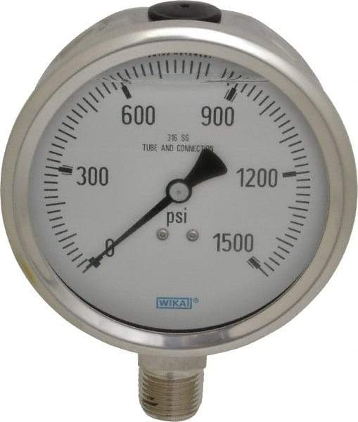 Wika - 4" Dial, 1/2 Thread, 0-1,500 Scale Range, Pressure Gauge - Lower Connection Mount, Accurate to 1% of Scale - Best Tool & Supply