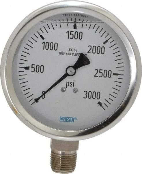 Wika - 4" Dial, 1/2 Thread, 0-3,000 Scale Range, Pressure Gauge - Lower Connection Mount, Accurate to 1% of Scale - Best Tool & Supply