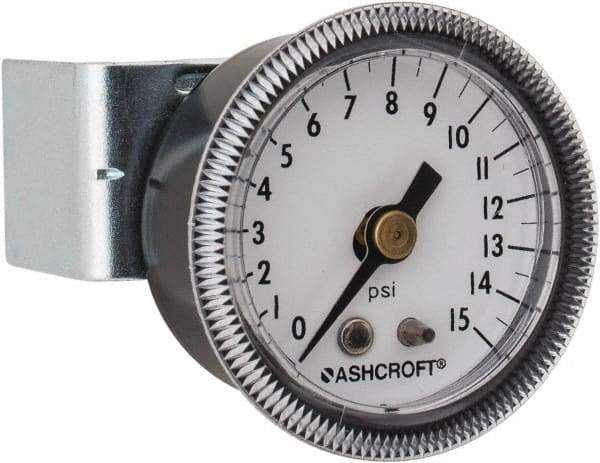 Ashcroft - 1-1/2" Dial, 1/8 Thread, 0-15 Scale Range, Pressure Gauge - Center Back Connection Mount - Best Tool & Supply