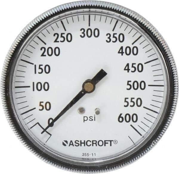 Ashcroft - 3-1/2" Dial, 1/4 Thread, 0-600 Scale Range, Pressure Gauge - Center Back Connection Mount - Best Tool & Supply