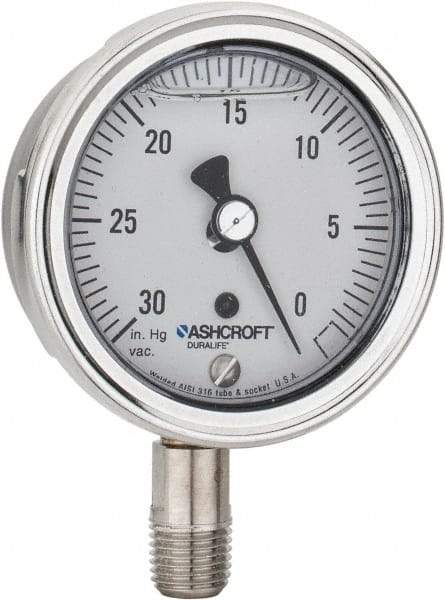 Ashcroft - 2-1/2" Dial, 1/4 Thread, 30-0 Scale Range, Pressure Gauge - Lower Connection Mount, Accurate to 1% of Scale - Best Tool & Supply